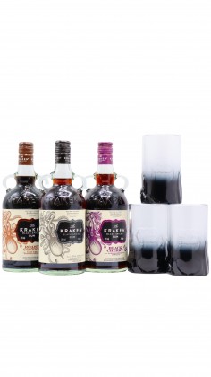 Kraken Spiced, Coffee, Cherry & Glasses Bundle 3 x 70cl Rum